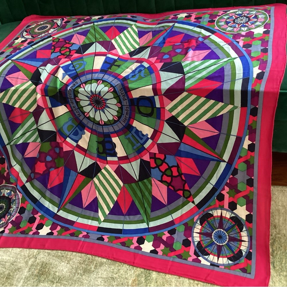 Authenticated Hermes “Rose de Compas” cashmere and silk shawl